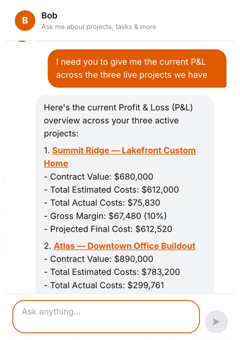 Bob, the WorkHoist AI agent, giving a profit and loss summary across three active projects with contract values, costs and gross margin, linking through to each project