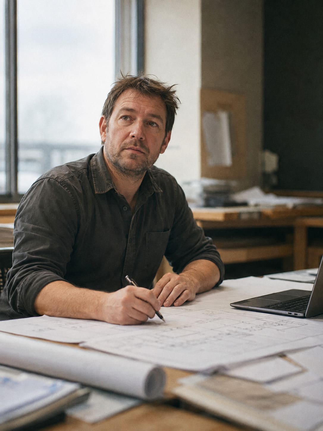 Estimator at a desk marking up drawings beside a laptop, with rolled plans in the foreground